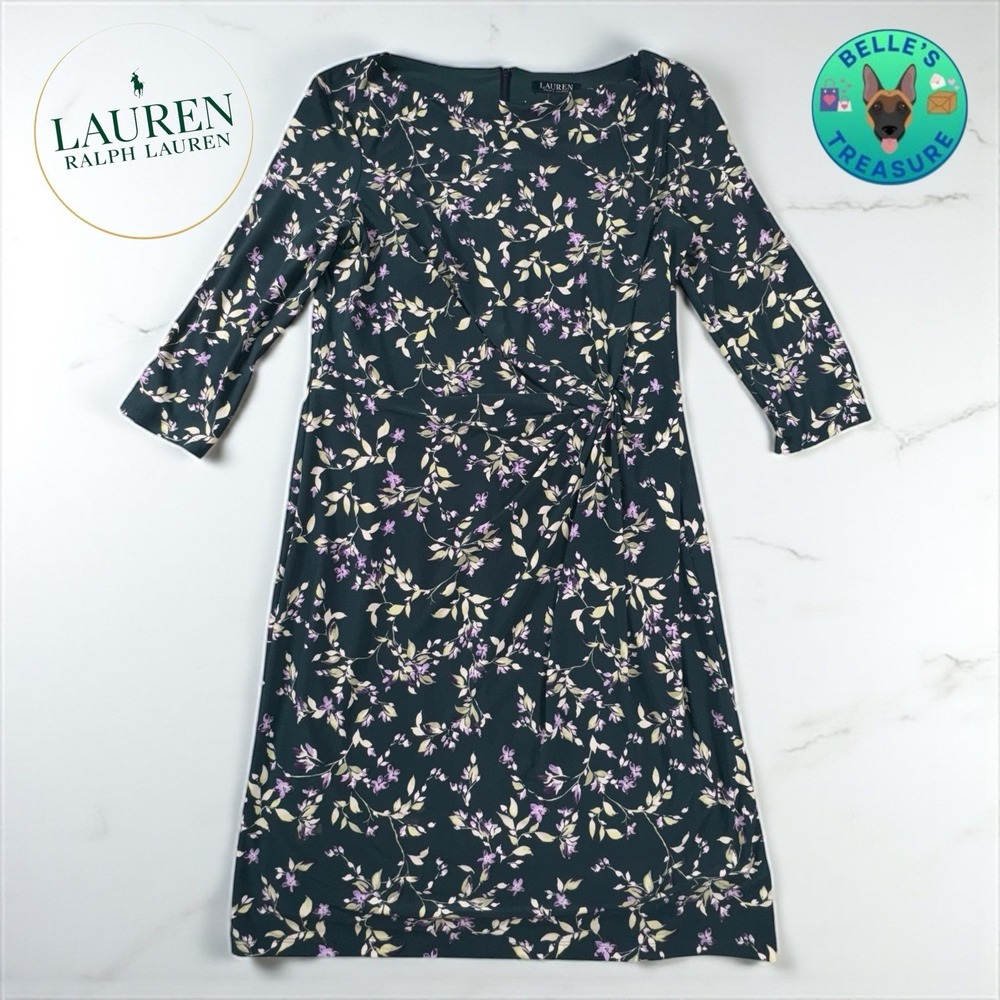 Ralph Lauren LRL Dress Womens 14 Green Ditsy Floral Fern Liquid Knit Mock Wrap